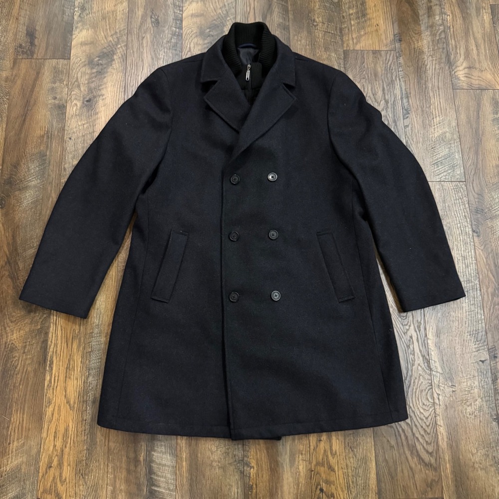 Chaps Men's 48L Black Wool Blend Peacoat Car Coat Removable Zip Bib Long Jacket